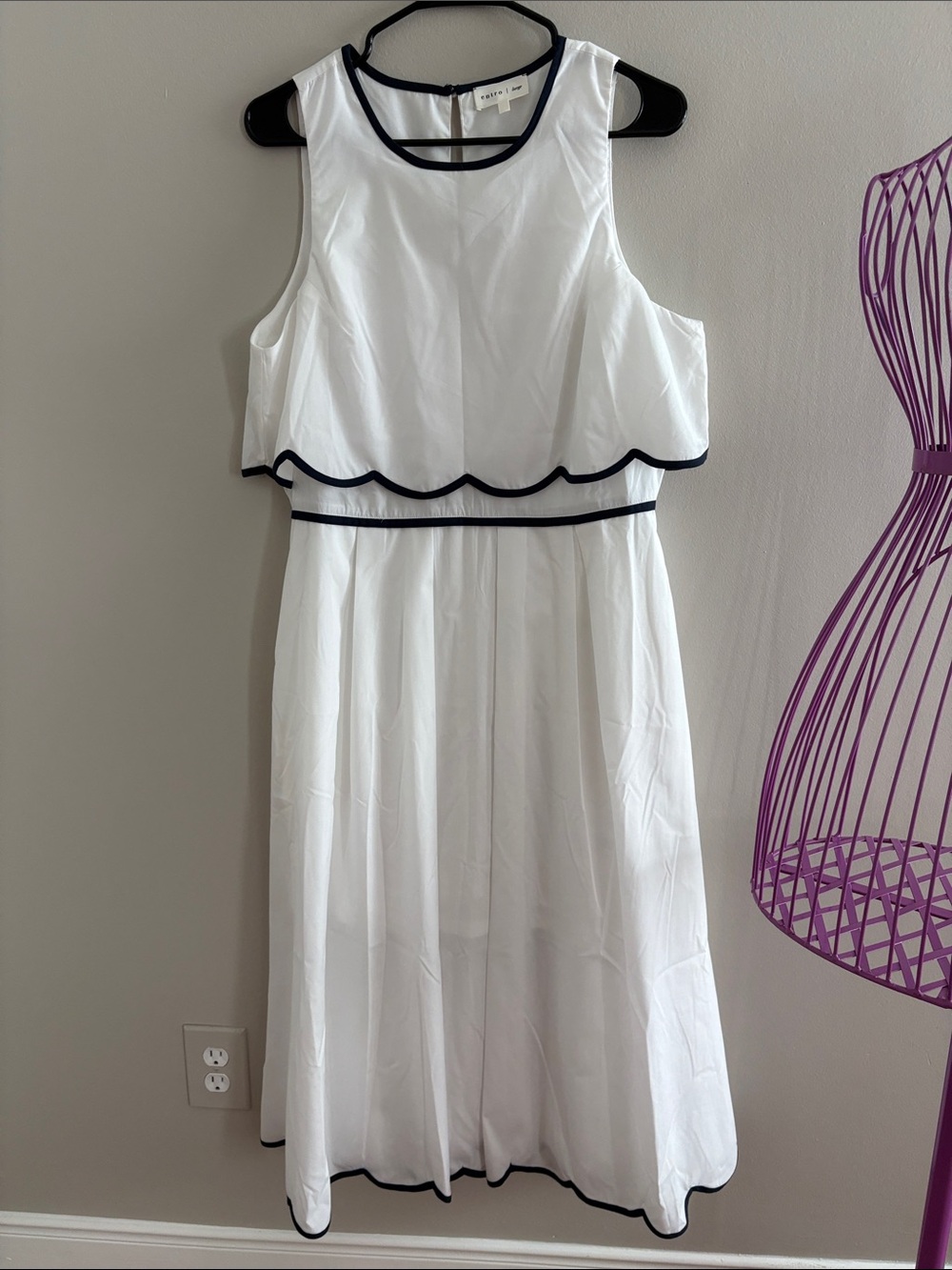 entro White Dress with Navy Trim Scalloped Overlay NWOTS